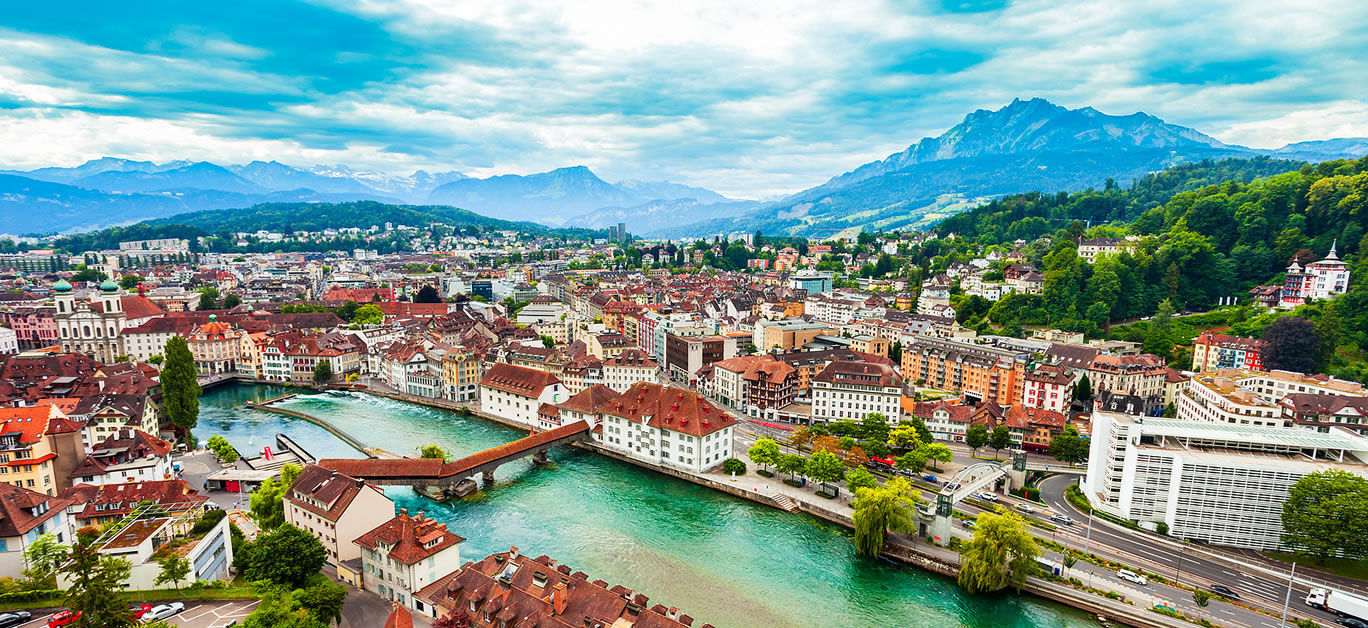 Lucerne city aerial panoramic view. Lucerne or Luzern is a city in central Switzerland.