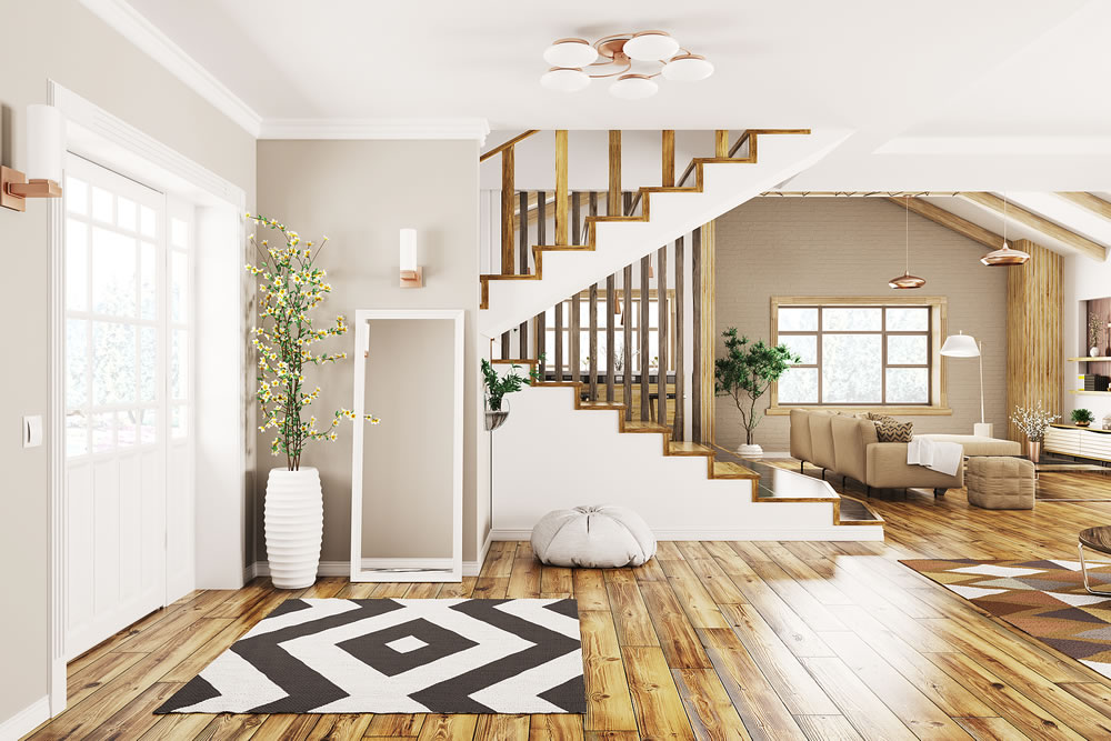 Modern interior design of house, hall, living room with staircase 3d rendering