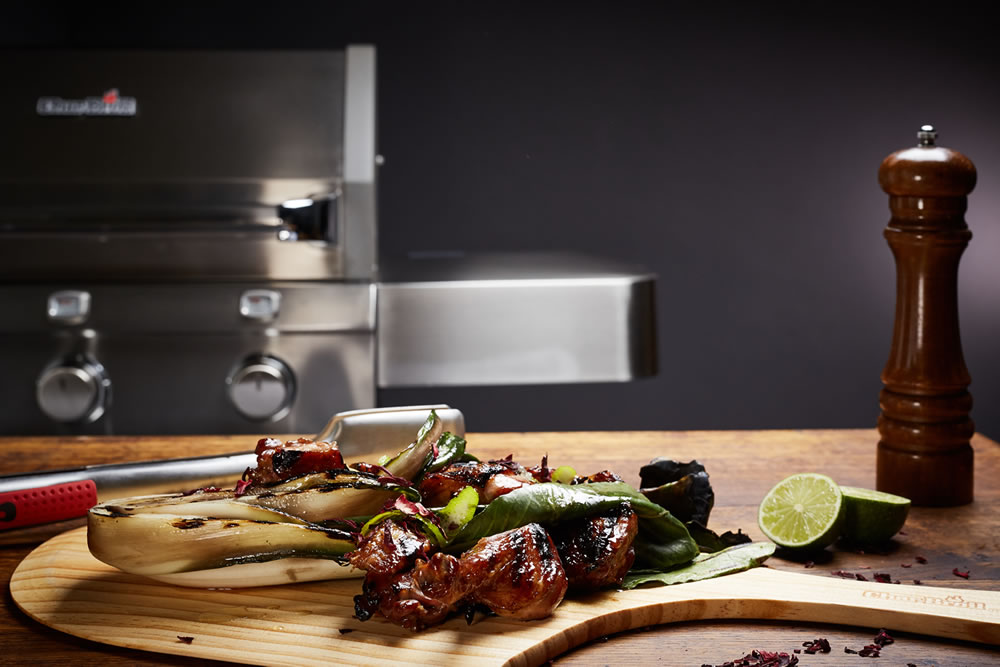 Barbecue five-spice duck with salad of grilled swiss chard, lime and ginger