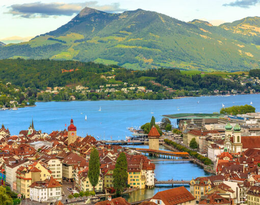 Aerial view of Lucerne skyline and lake Lucerne with Mount Rigi and its peak Rigi-Kulm in the Canton of Lucerne, Switzerland.