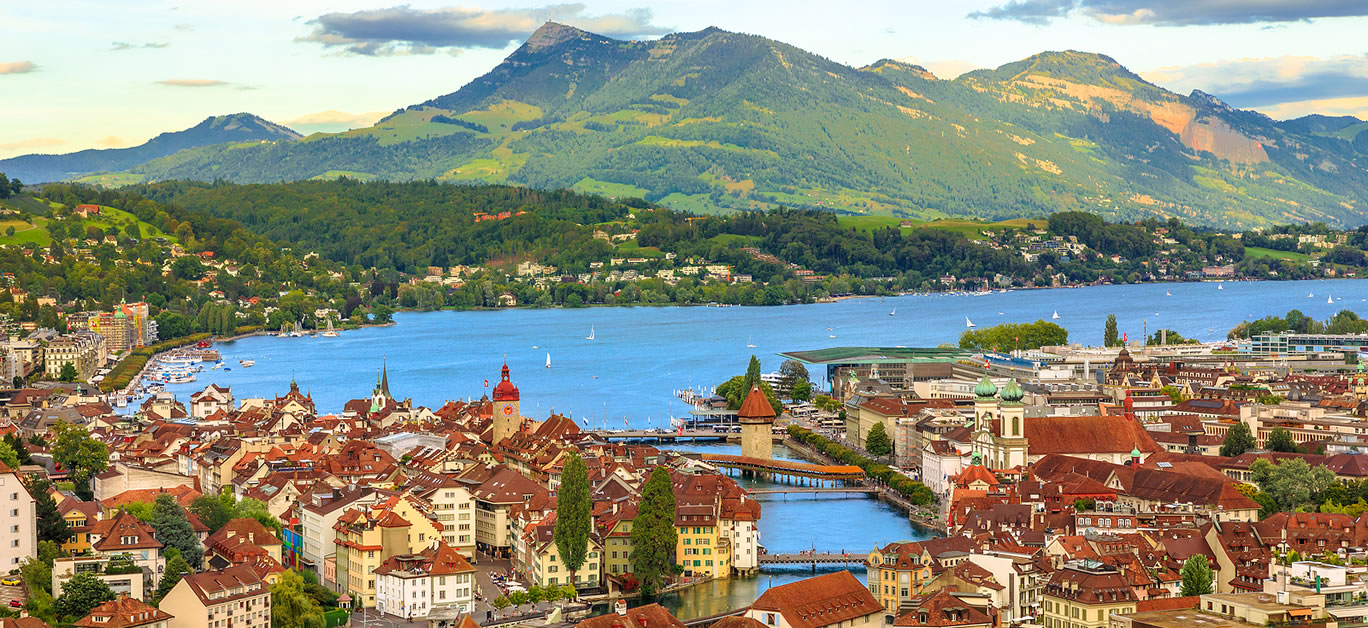 Aerial view of Lucerne skyline and lake Lucerne with Mount Rigi and its peak Rigi-Kulm in the Canton of Lucerne, Switzerland.
