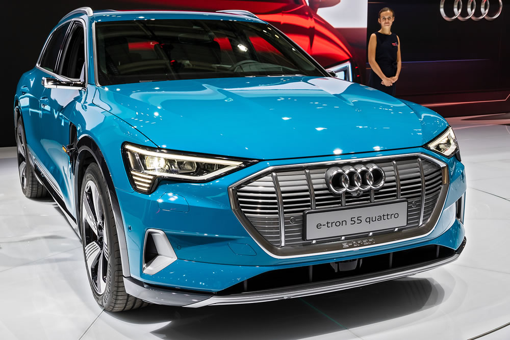 Audi e-tron 55 quattro electric suv car showcased at the Paris Motor Show