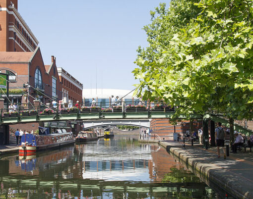 The restored canal system in Birmingham central is a national heritage landmark and where the Worcester and Birmingham canal meet.