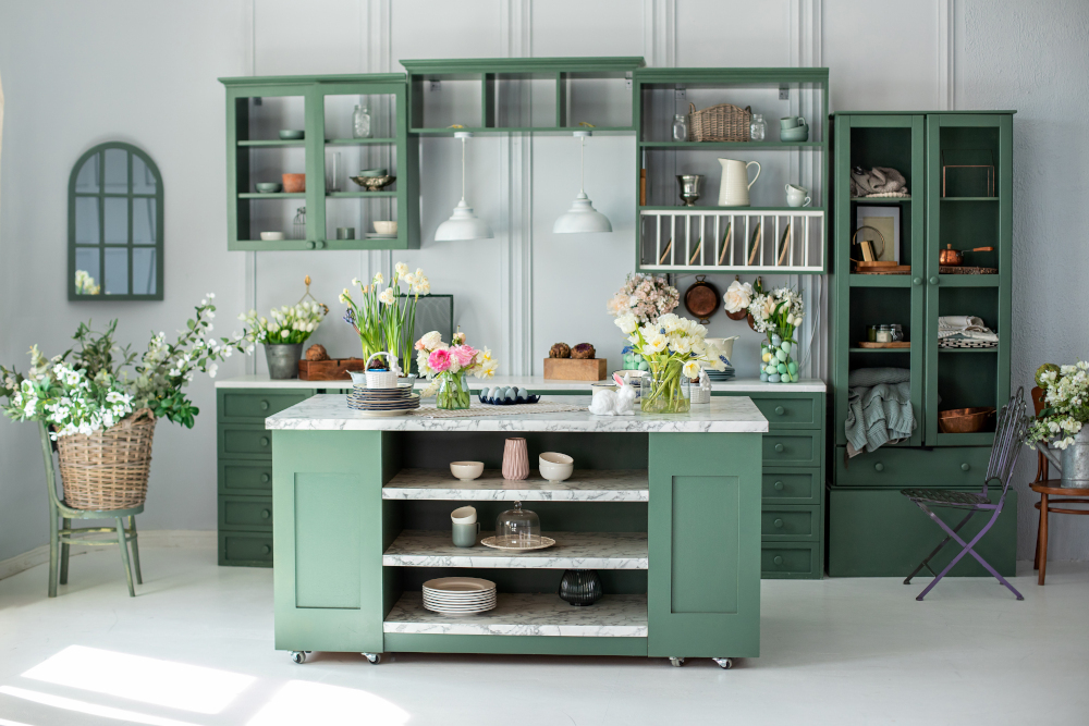 Green kitchen interior with furniture