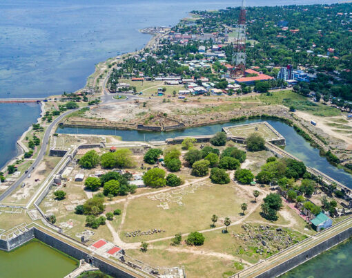 Jaffna Fort, built by the Portuguese near Karaiyur at Jaffna, Sri Lanka in 1618 under Phillippe de Oliveira following the Portuguese invasion of Jaffna.