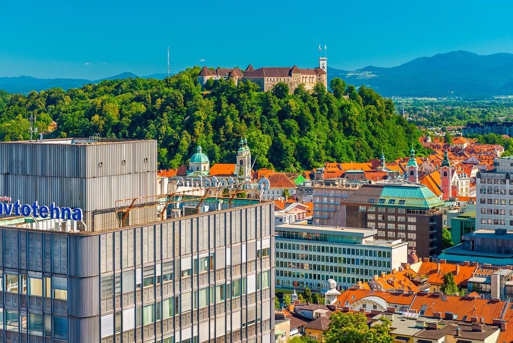 Aerial view of the central part of Ljubljana and the Ljubljana Castle