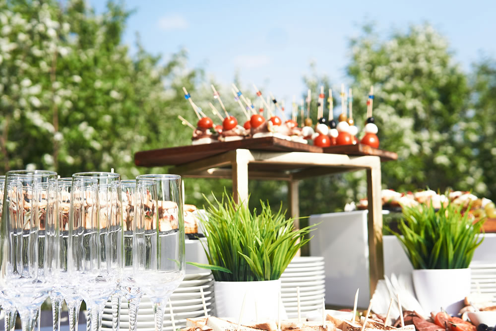 outdoor buffet table, glasses and cold snacks