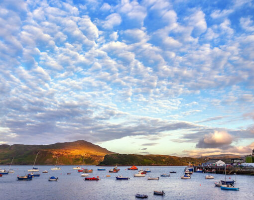 view on Portree Harbour before sunset, Isle of Skye, Scotland