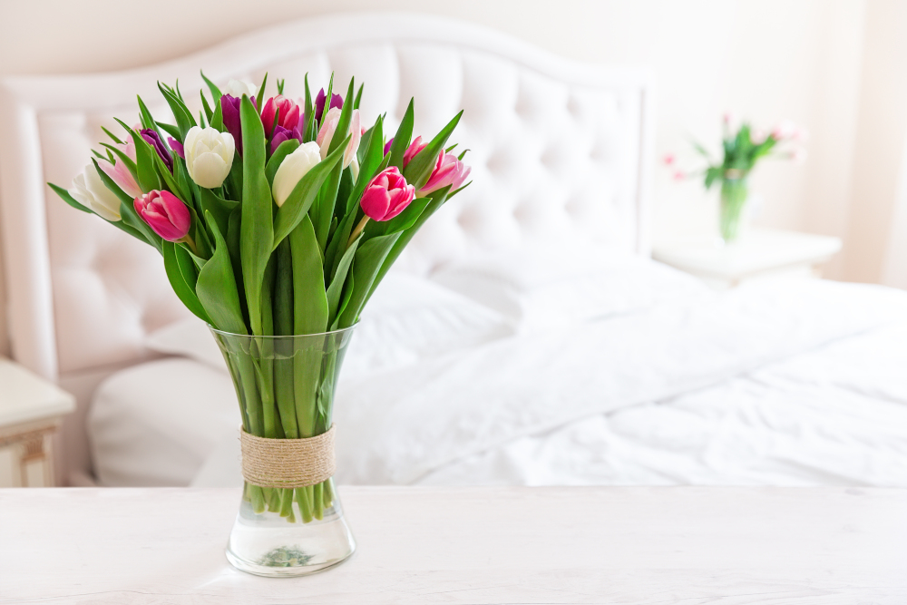 Vase of colorful tulips