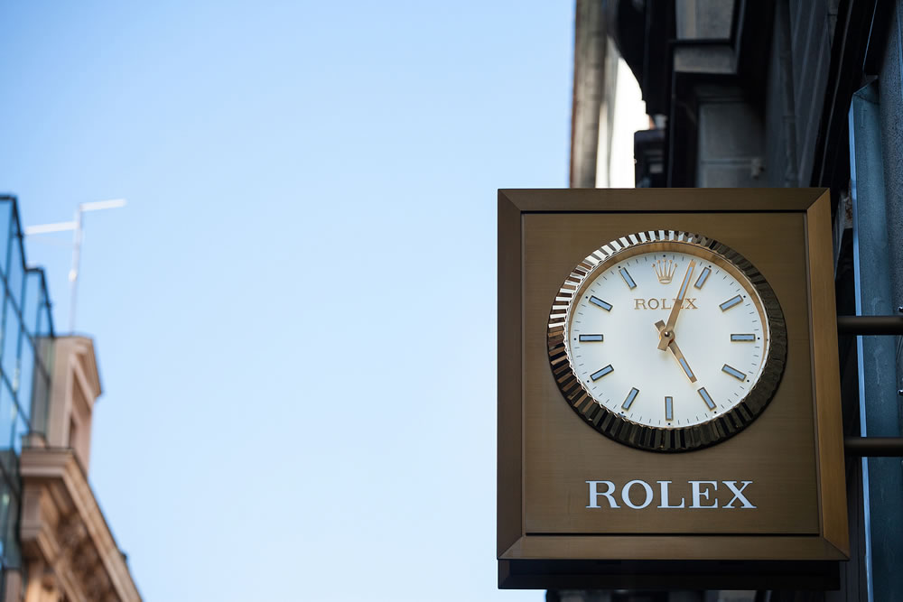 Rolex logo on a clock on their retailer in Belgrade