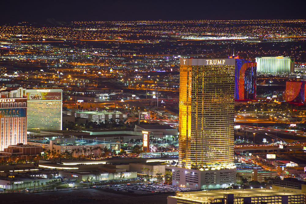Trump Hotel Las Vegas at night from top of the Stratosphere Tower in Las Vegas