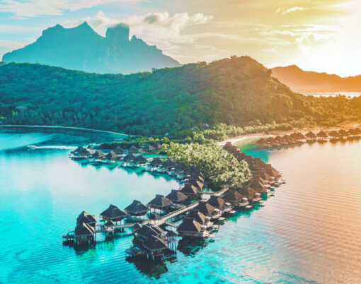 View from above at sunset of paradise getaway Bora Bora, French Polynesia, Tahiti, South Pacific Ocean