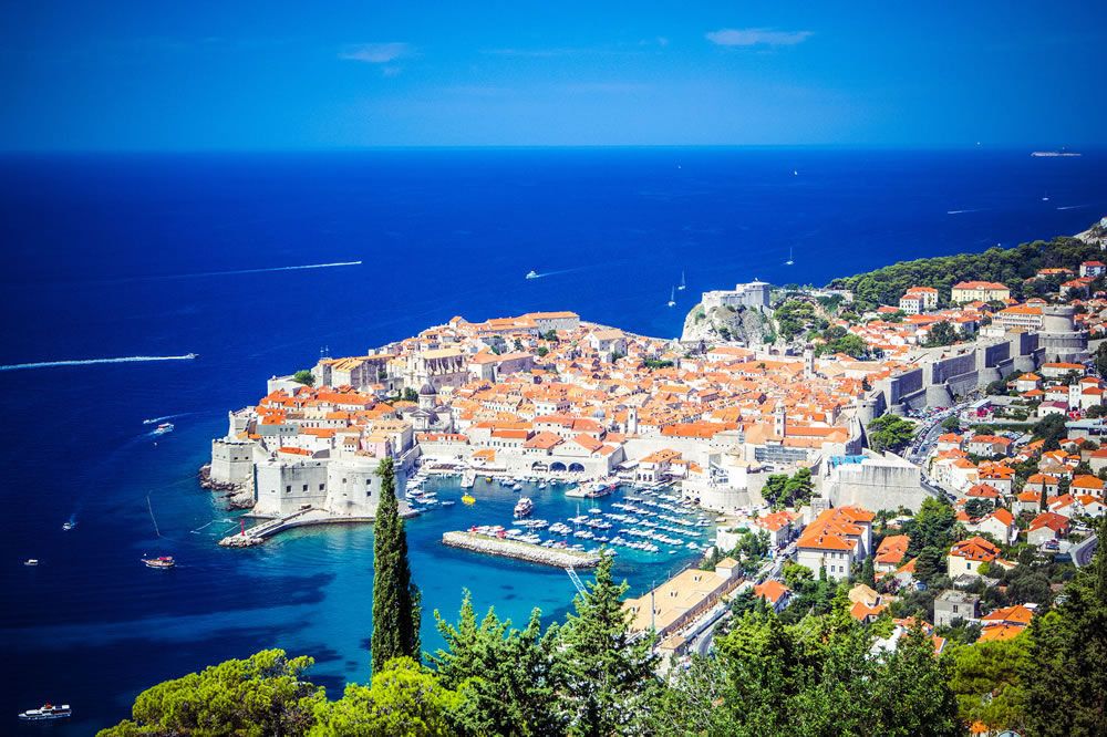 Panoramic view of Old Town (medieval Ragusa) and Dalmatian Coast of Adriatic Sea in Dubrovnik