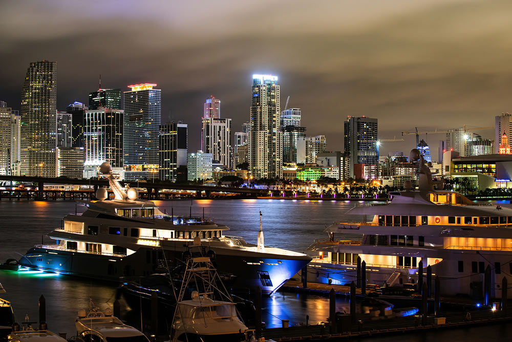 Port Miami Florida. Miami Florida at sunset, skyline Yacht or boat next to Miami downtown