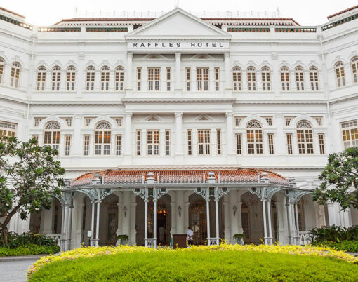 The entrance to the iconic Raffles Hotel in Singapore.