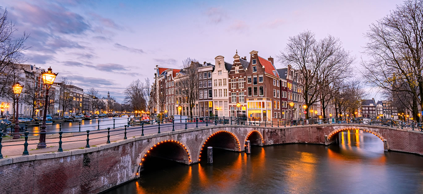 Amsterdam Netherlands during sunset, historical canals during sunset hours