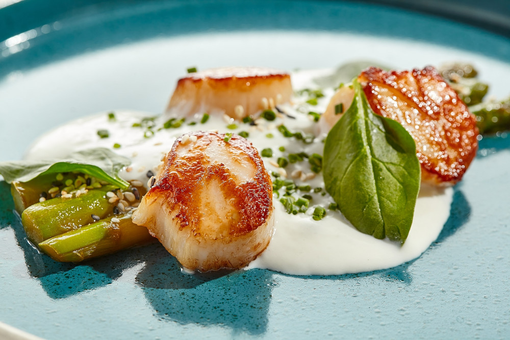 Luxury dish - grilled scallops with asparagus and creamy espuma. 