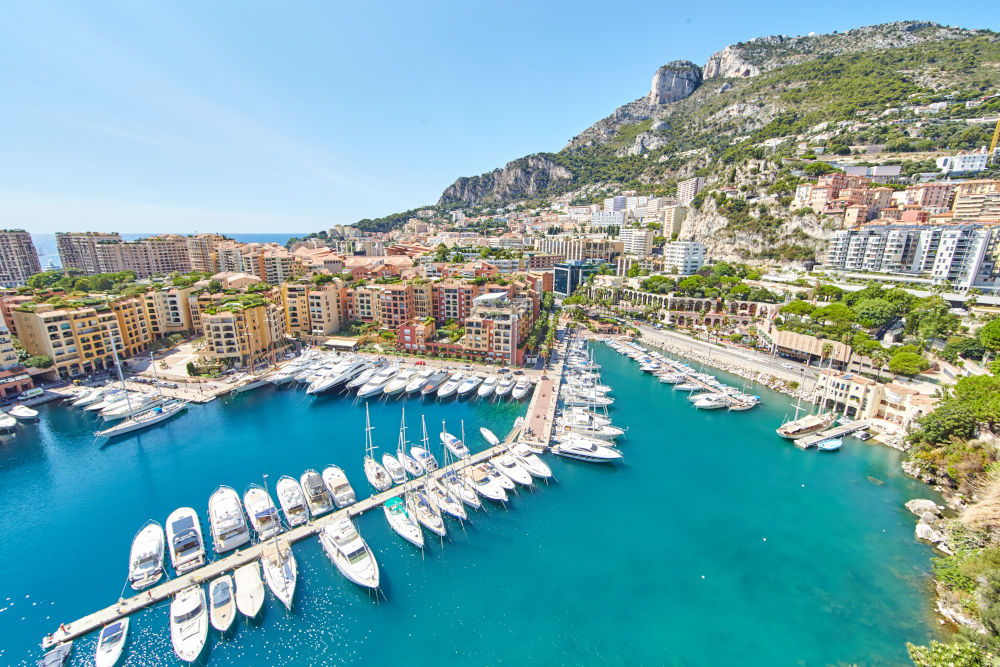 Panoramic image of Port Fontvieille - Monaco, top view from Monaco Ville