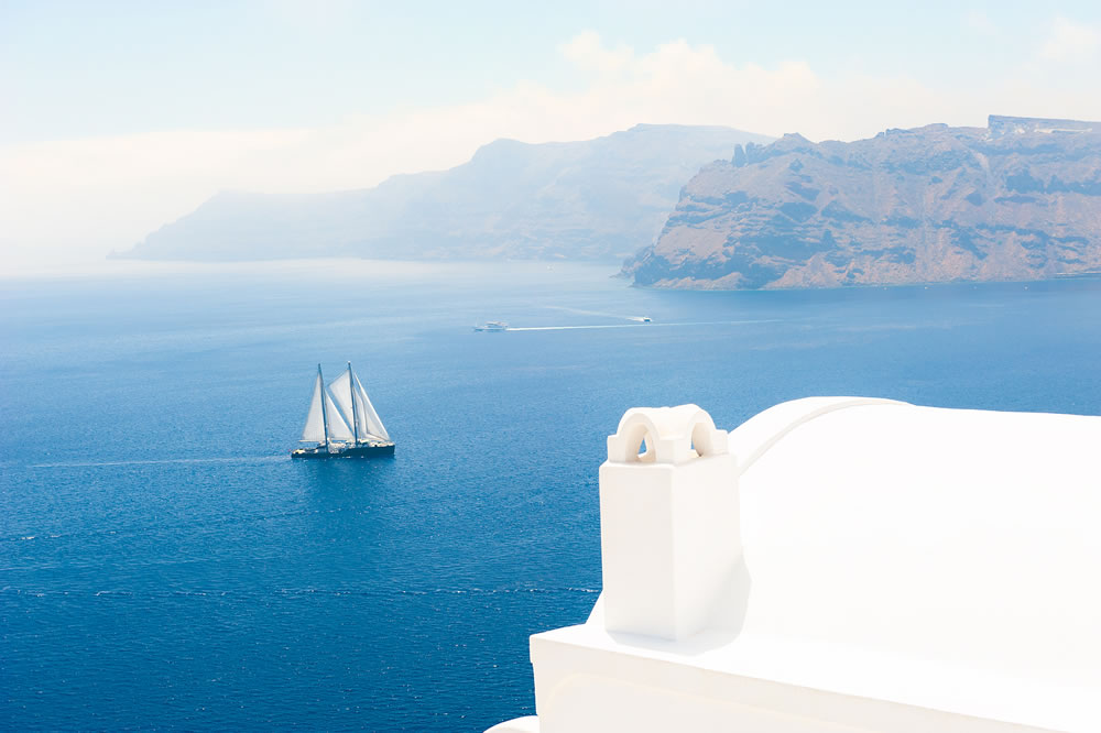 White architecture and blue sea on Santorini island, Greece