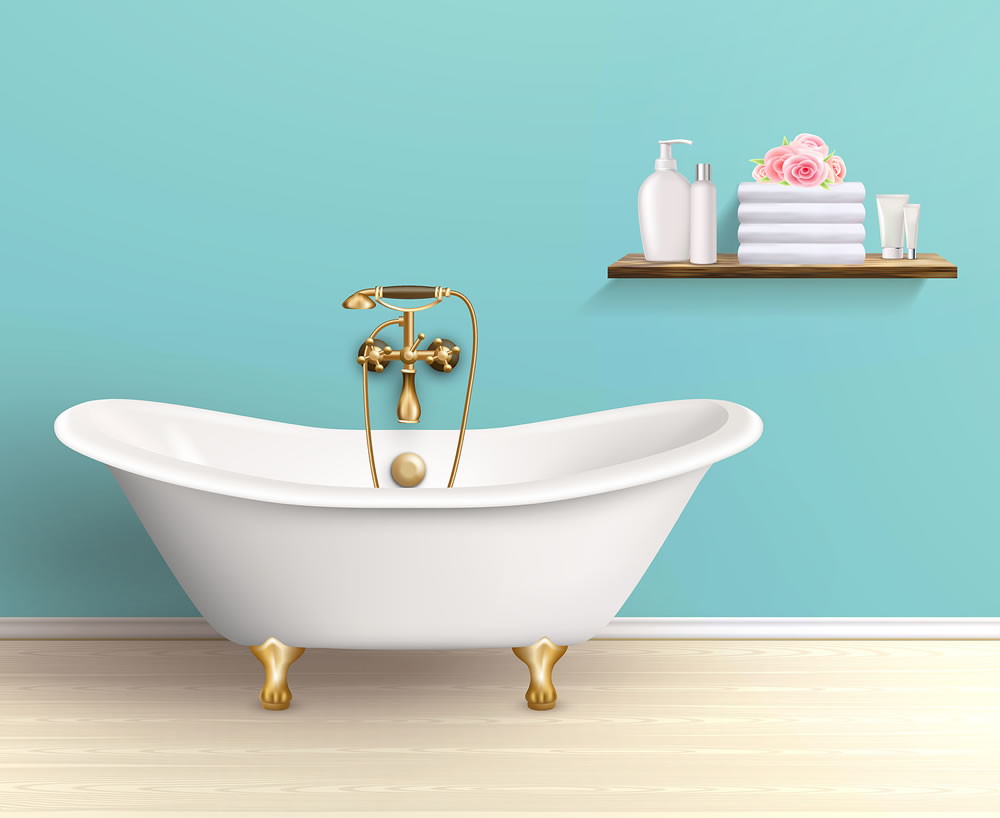 Bathroom interior poster or promo flyer bathtub in the house with blue walls shelf with bath accessories vector illustration