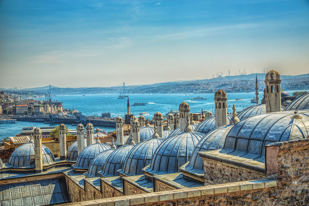 Panoramic view of Istanbul, Turkey. Istanbul through the domes and chimneys of the Suleymaniye Complex