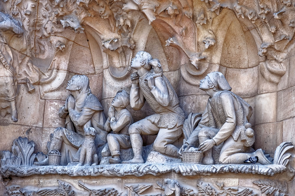 Carvings on facade of Sagrada Familia cathedral, UNESCO World Heritage Site, Barcelona