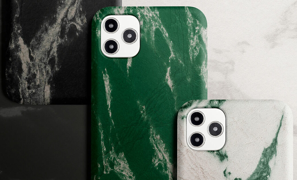 Marble phone case in green white and black with design space