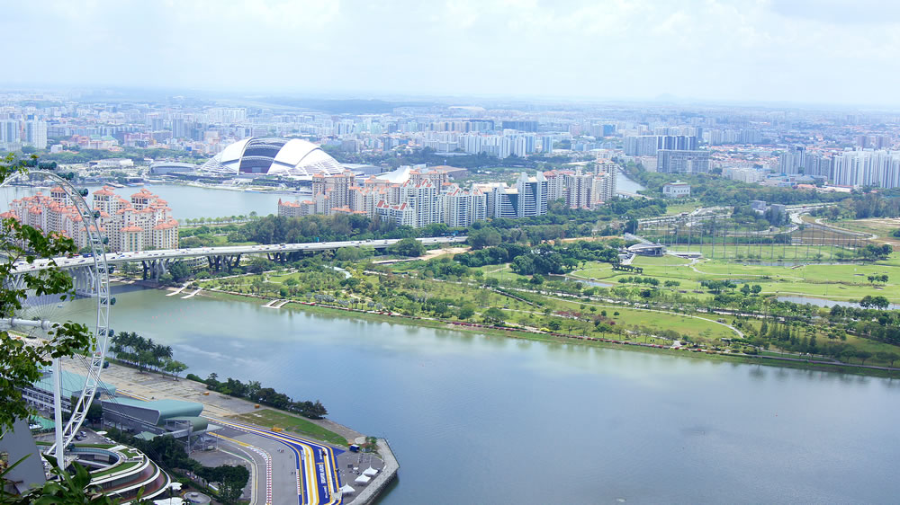 Aerial view of Singapore Flyer and pit lane of the Formula One Racing track