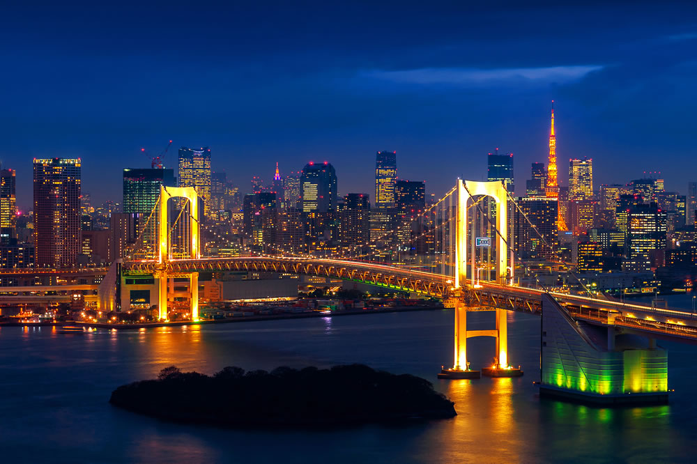 Tokyo skyline with Rainbow bridge and Tokyo tower. Tokyo Japan.