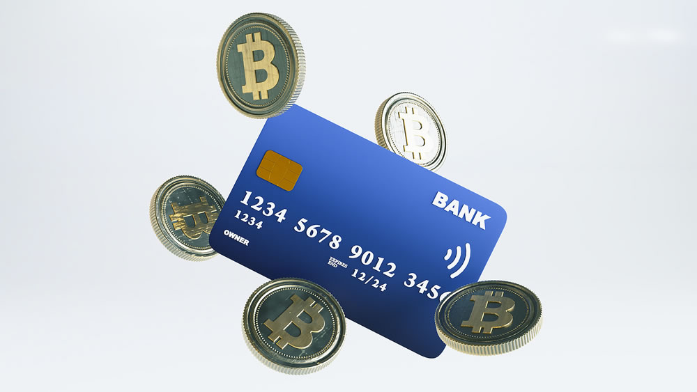 bitcoin cryptocurrency with credit card isolated on white background. 3D render