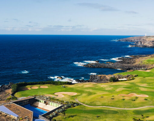 Golf course near the Atlantic ocean in Tenerife, Spain, green Golf course, tennis court in the nature of Tenerife