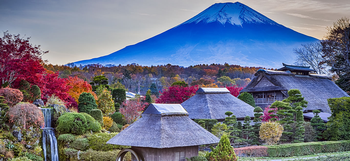 Great Fuji Mountin With Chureito Pagoda During Fall Season with Red maple Trees in Fujiyoshida, Japan.Horizontal Shot