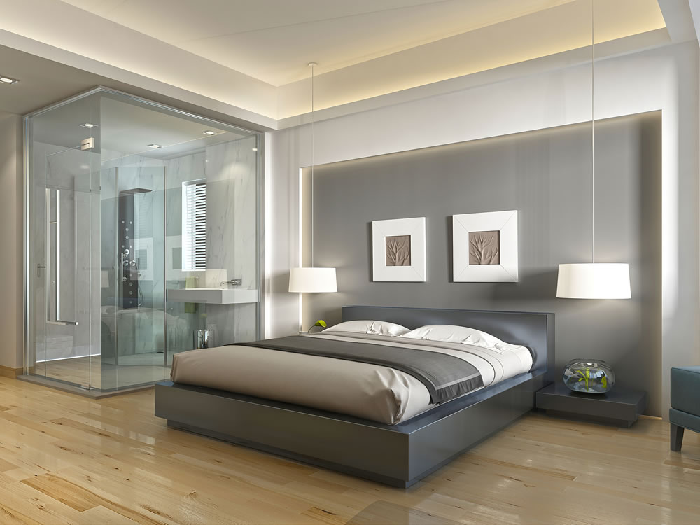 Modern hotel room with large bed contemporary style with elements of art Deco