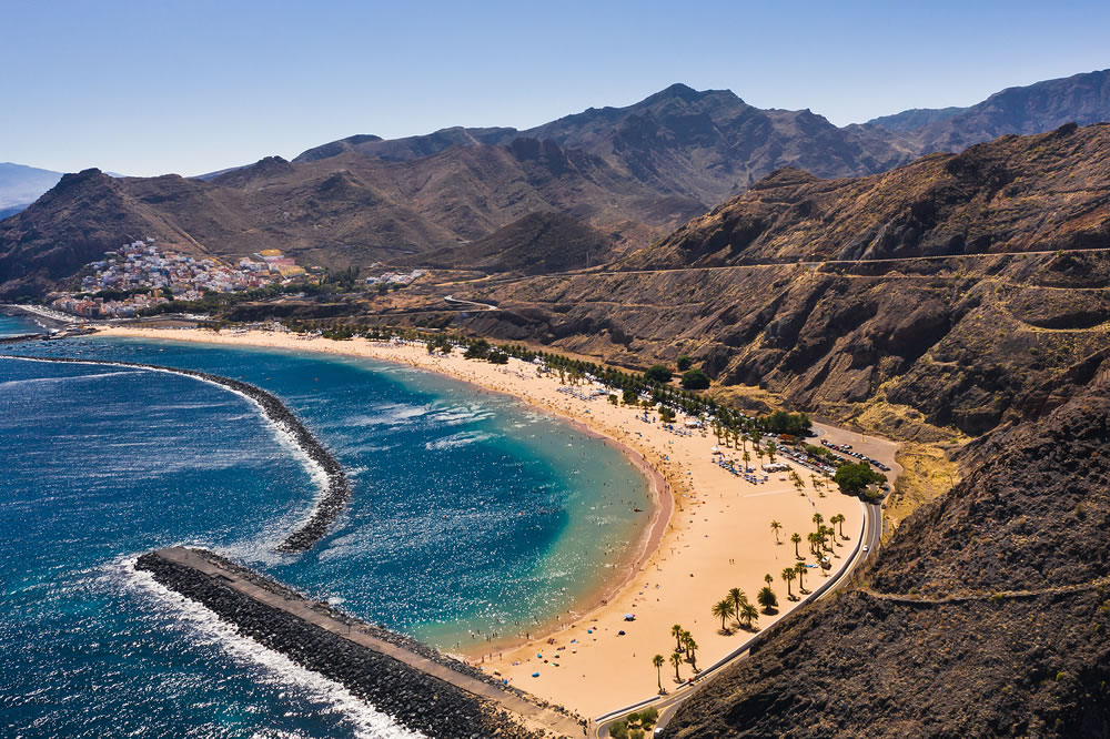 Top view of Las Teresitas beach with yellow sand. Near the city of Santa Cruz de Tenerife, Tenerife, Canary Islands.