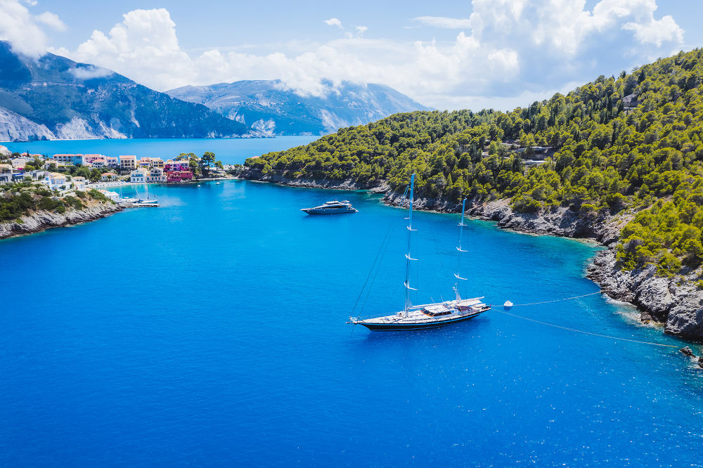 Aerial view of Luxury Sail Yacht in Assos village, Kefalonia Island, Greece
