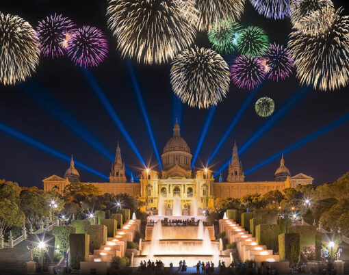 Beautiful fireworks under Magic Fountain light show in Barcelona Spain