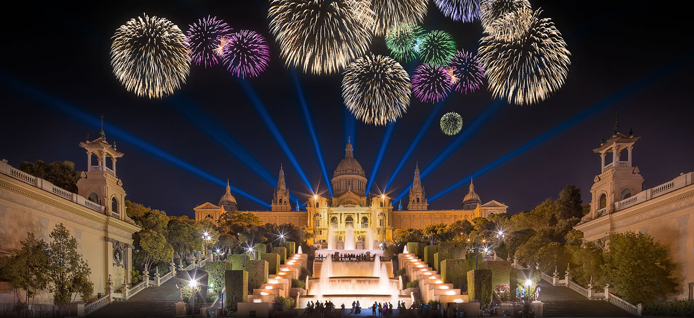 Beautiful fireworks under Magic Fountain light show in Barcelona Spain