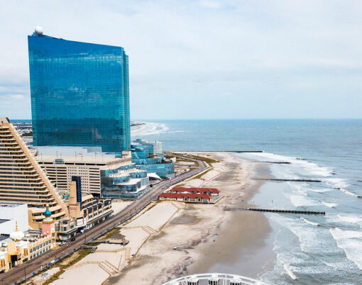 Atlantic city waterline aerial view. AC is a tourist city in New Jersey famous for its casinos boardwalks and beaches