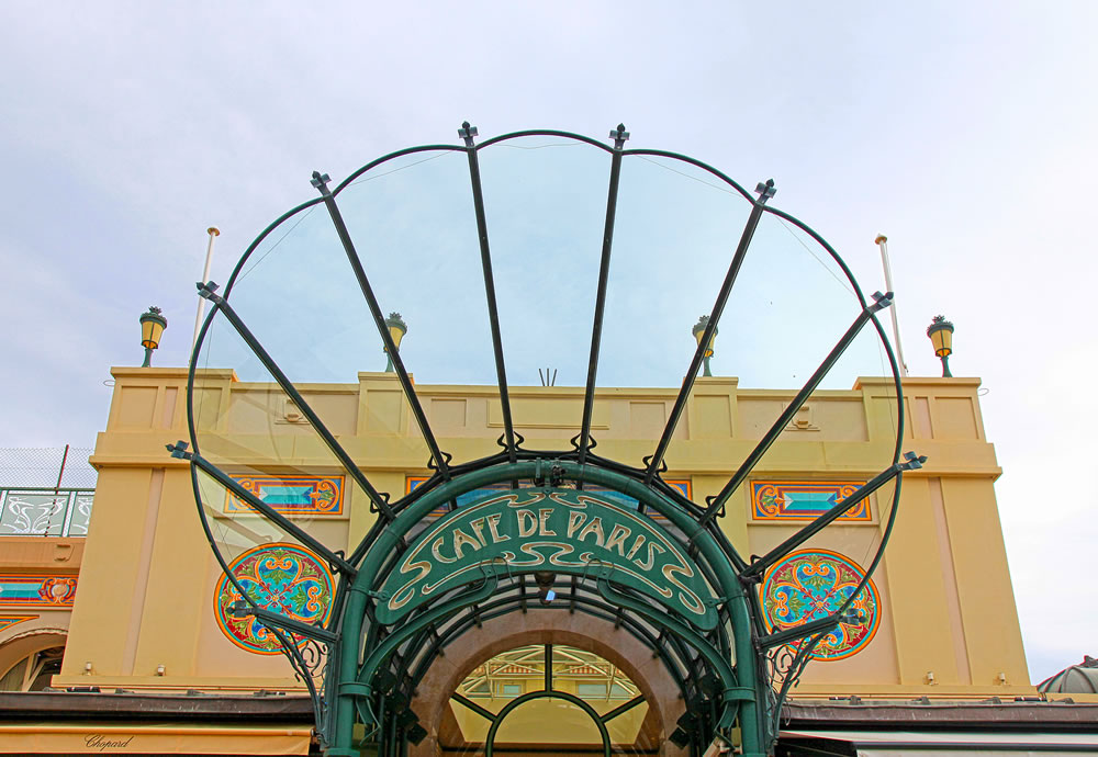 The historic canopy and entrance to Cafe de Paris near the famous Monte Carlo Casino in Monaco