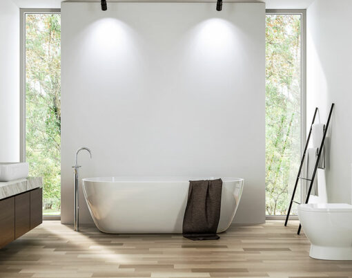 Modern contemporary bathroom with empty white wall backdrop 3d render