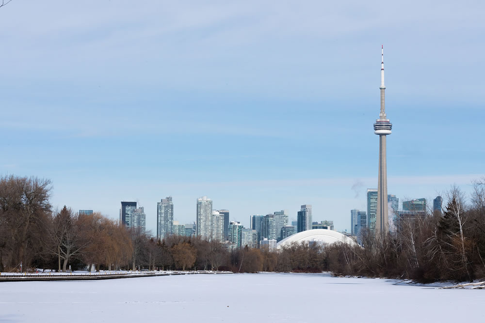 Winter on the Toronto Islands with the downtown Toronto skyline in the background