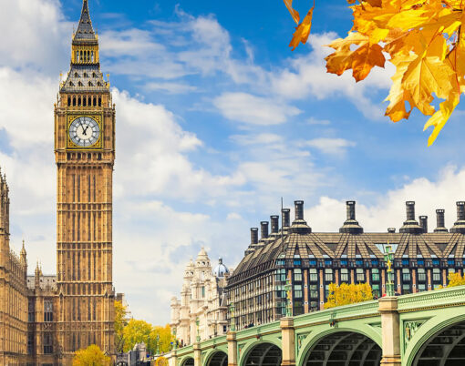 Big Ben with autumn leaves, London