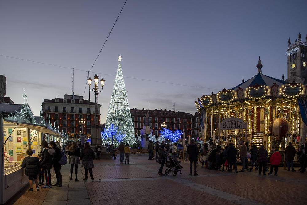 Valladolid, Spain; November 2021: Christmas decoration of the Main Square of Valladolid, Spain