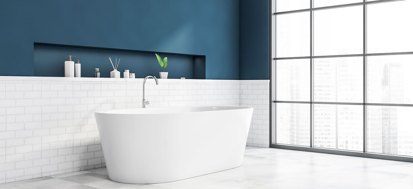Save Download Preview Corner of modern bathroom with blue and white brick walls, tiled floor, comfortable white bathtub and shelf with beauty products
