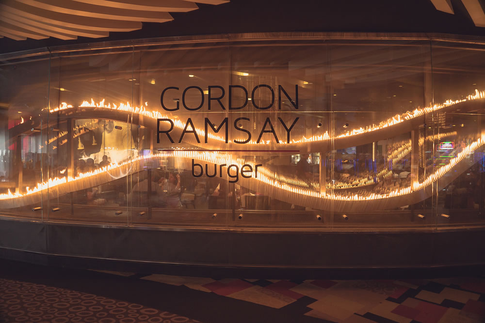 Exterior sign view of celebrity chef Gordon Ramsay Burger restaurant in Las Vegas