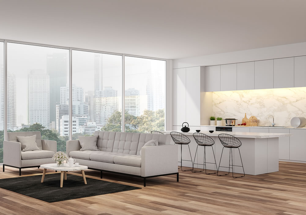 Modern Living, dining room and kitchen with city view 3d render