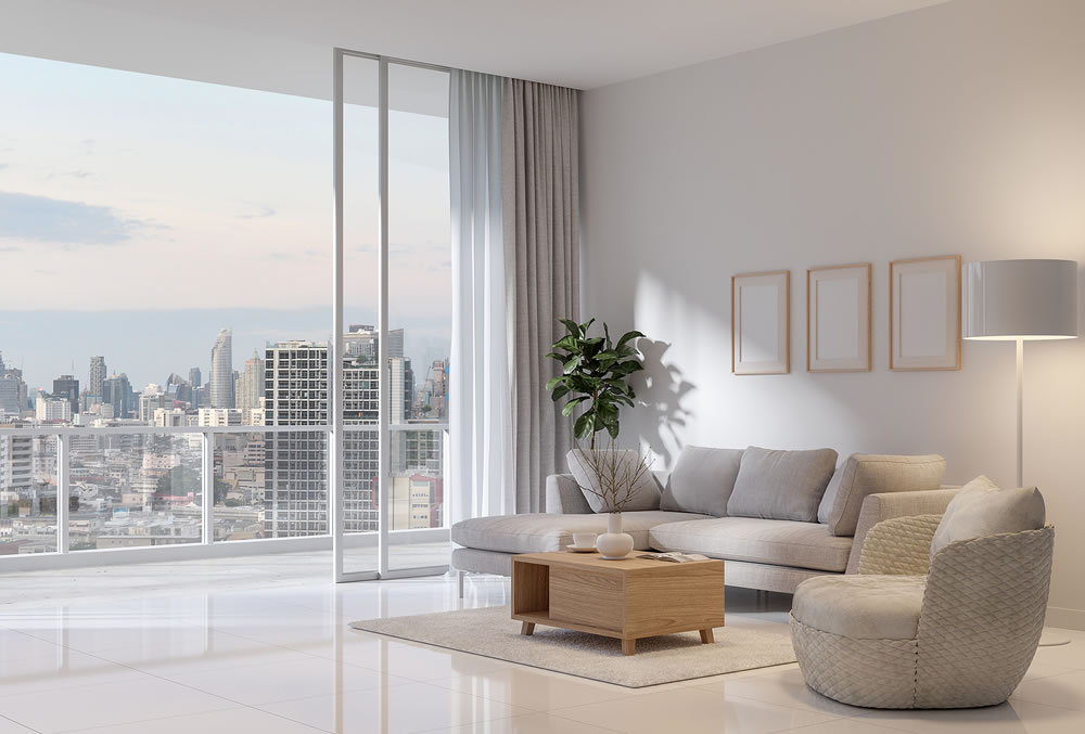 Modern style white living room with large open door overlooking city