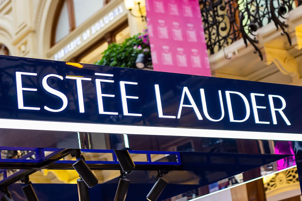 Estee Lauder brand retail shop logo signboard on the storefront in the shopping mall.