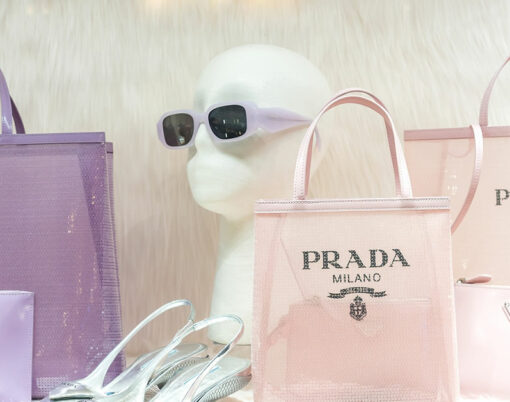 Windowshop with Prada accessories of fashion boutique in GUM Department store