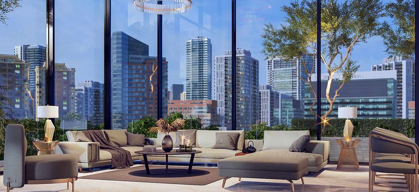 Night scene modern living room with metropolis view background 3d render